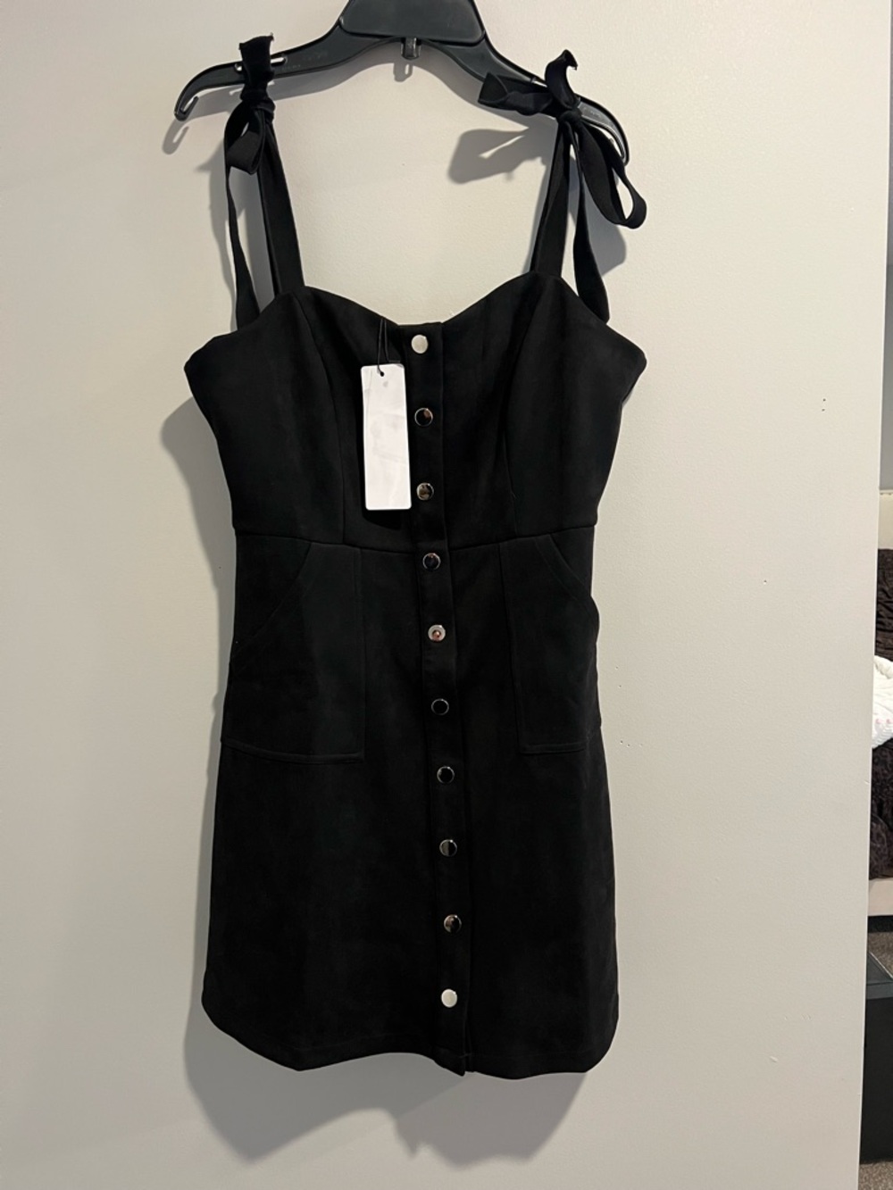 Allegra K Black Tie-Shoulder Button-Front Mini Dress
